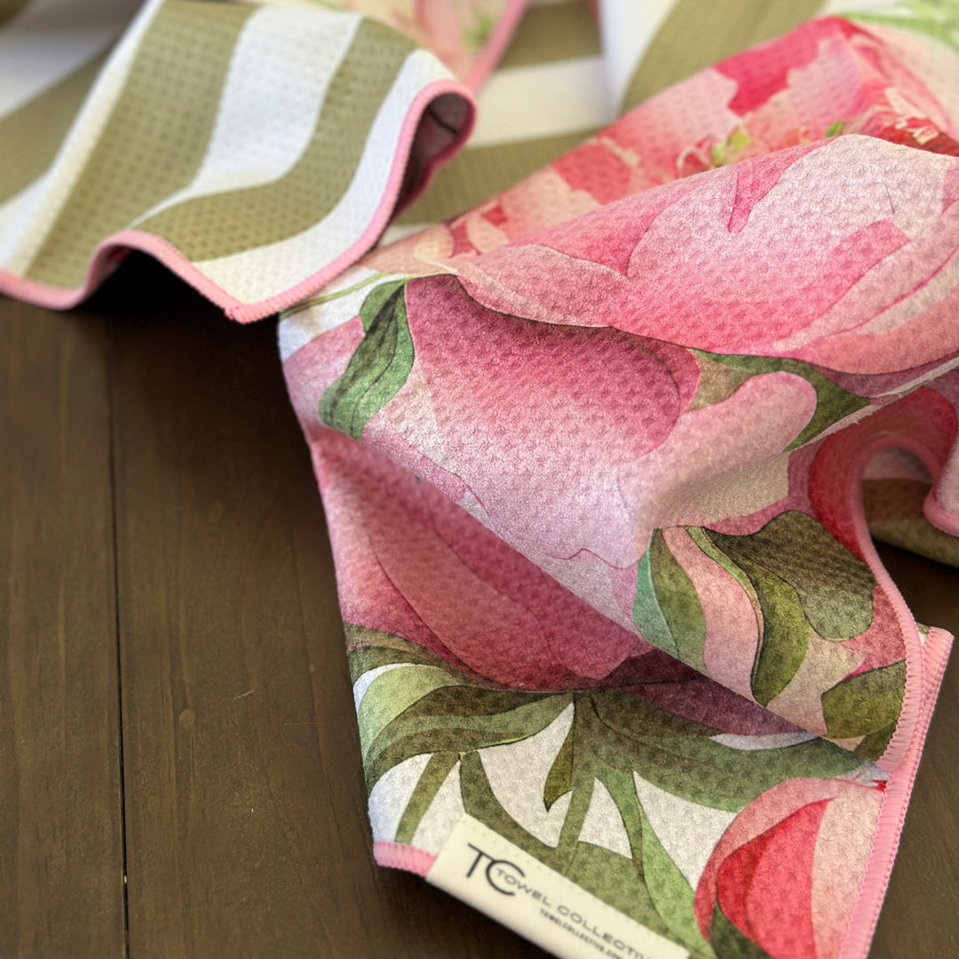 Floral patterned towel on a wooden surface