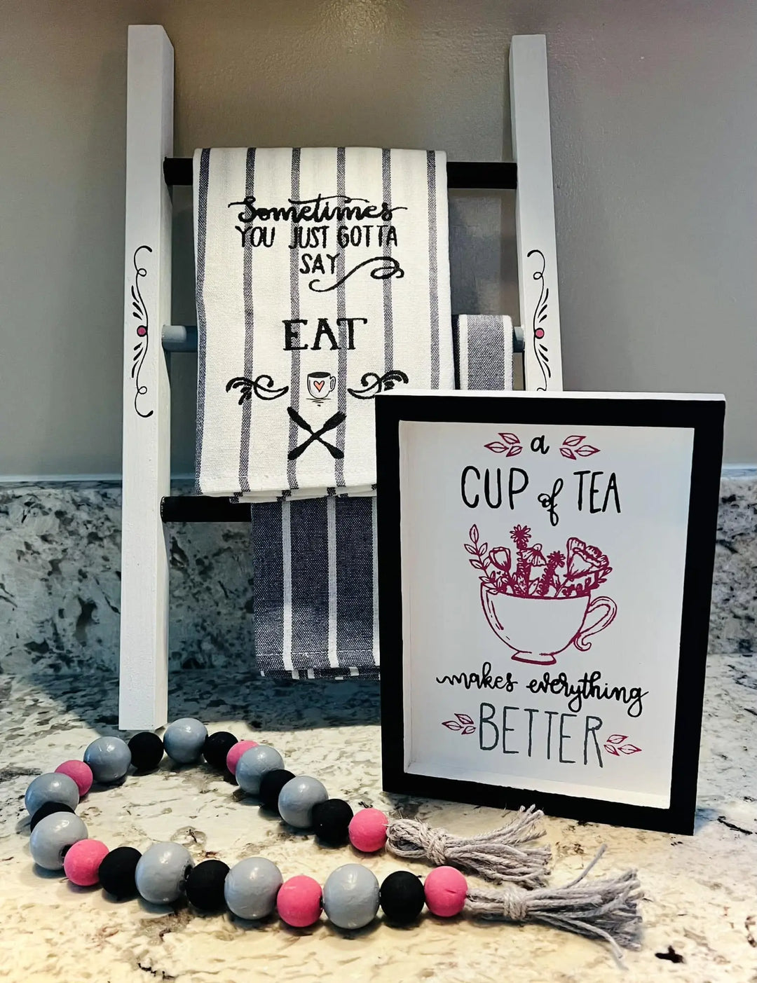 Cluck It, Time For Tea | Tea Towel Ladder + Sign + Beaded Garland ProjectHomeDIY