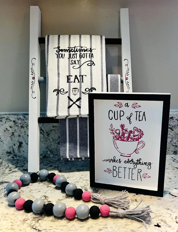 Cluck It, Time For Tea | Tea Towel Ladder + Sign + Beaded Garland ProjectHomeDIY