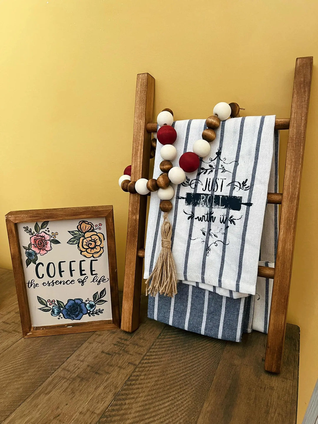 Cluck It, Time For Tea | Tea Towel Ladder + Sign + Beaded Garland ProjectHomeDIY