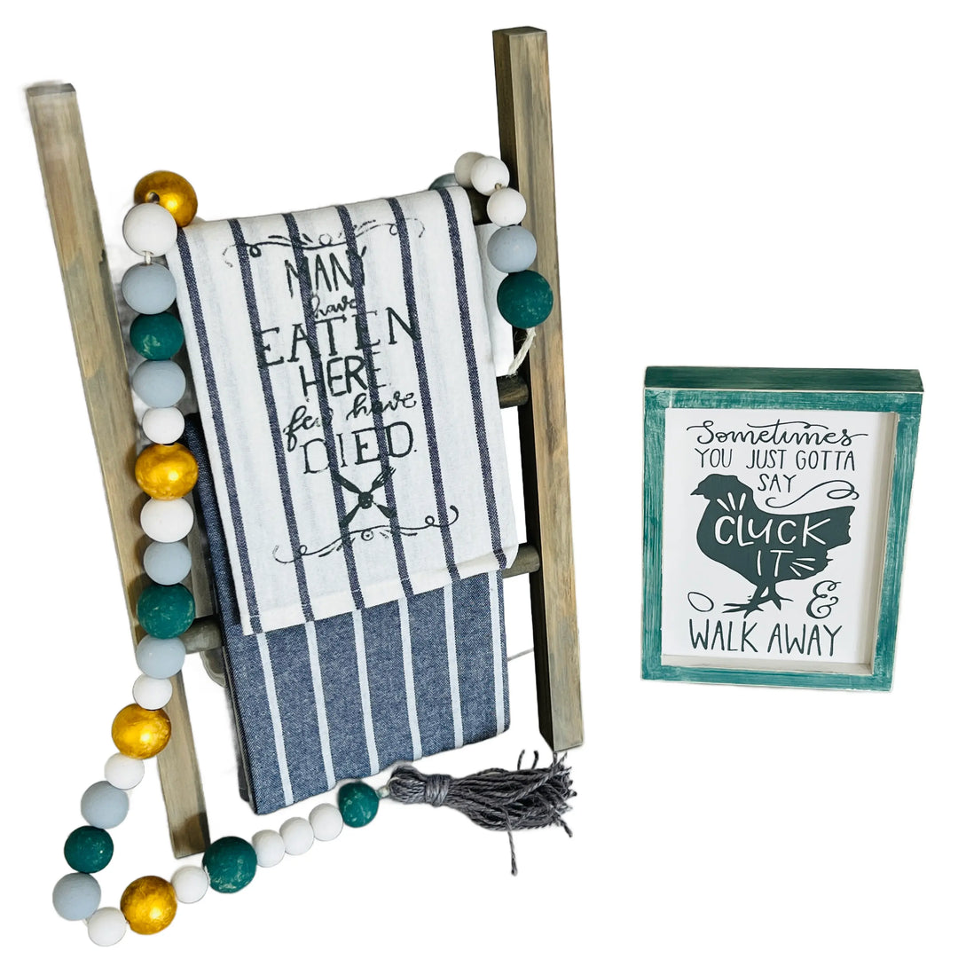 Cluck It, Time For Tea | Tea Towel Ladder + Sign + Beaded Garland ProjectHomeDIY
