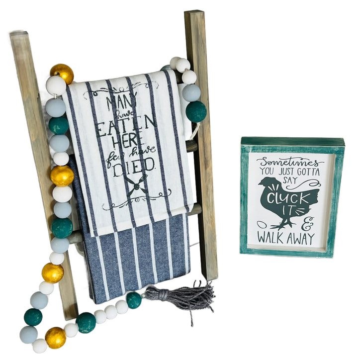 Cluck It, Time For Tea | Tea Towel Ladder + Sign + Beaded Garland ProjectHomeDIY