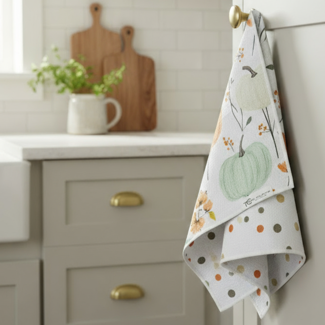 Kitchen scene with a towel hanging on a cabinet door