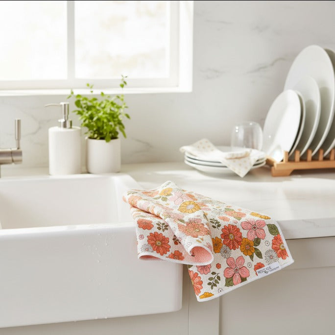 Retro Flowers | Waffle Weave Microfiber Towels Kitchen & Bath Hand Towels Reversible Hand Towel | Towel Collective | Cody, WY