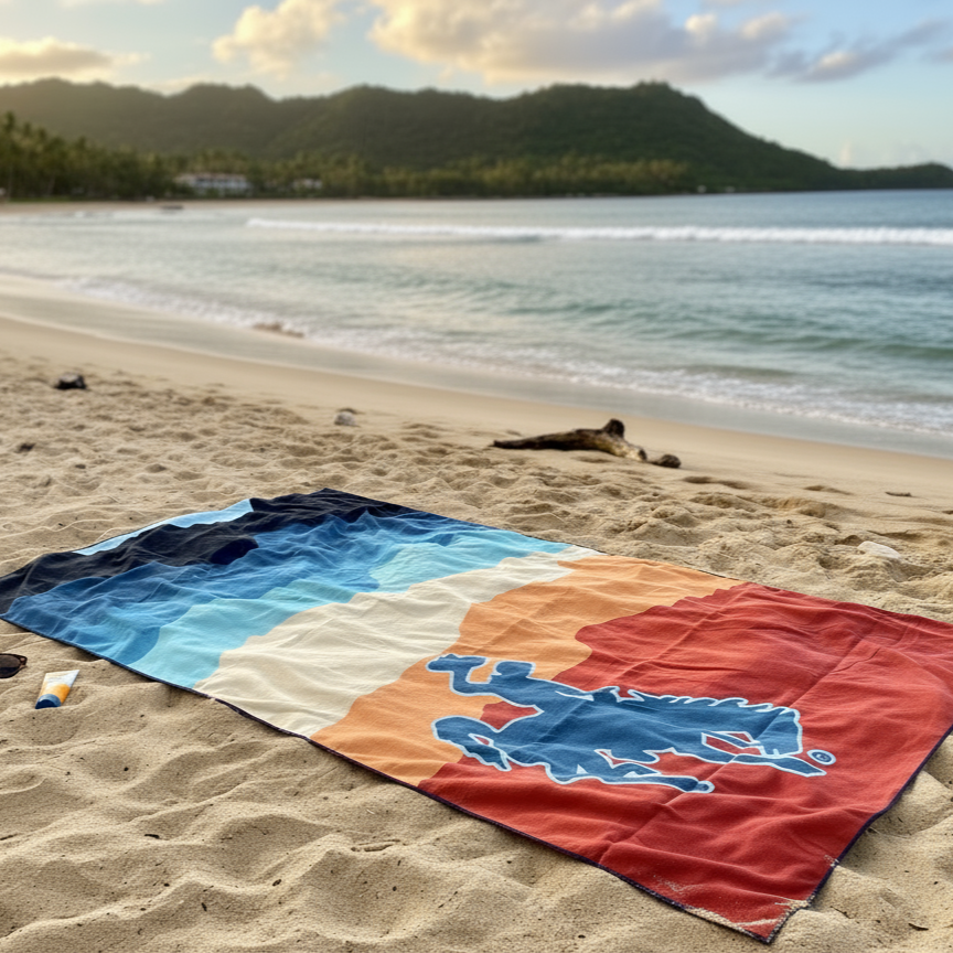 Colorful towel with a logo on a sandy beach with ocean and mountains in the background