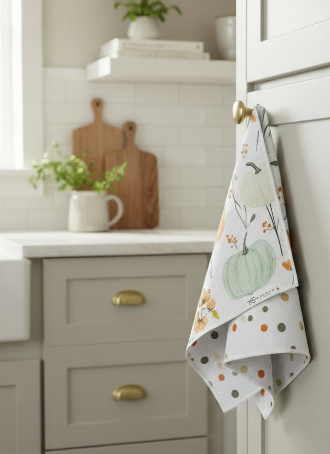 Kitchen scene with a towel hanging on a cabinet door