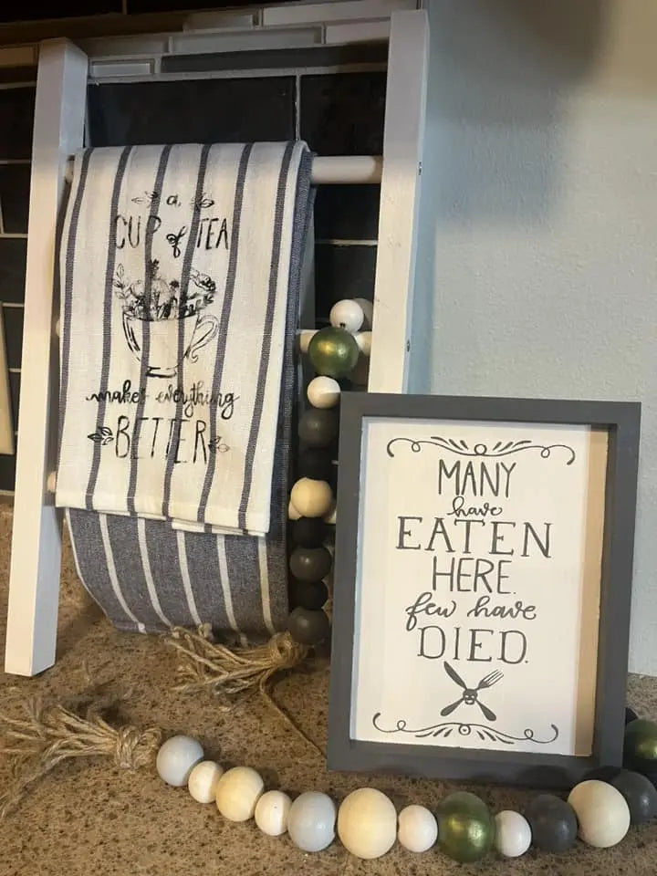Cluck It, Time For Tea | Tea Towel Ladder + Sign + Beaded Garland