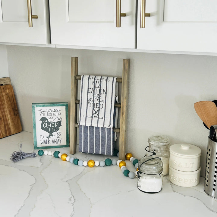 Cluck It, Time For Tea | Tea Towel Ladder + Sign + Beaded Garland ProjectHomeDIY